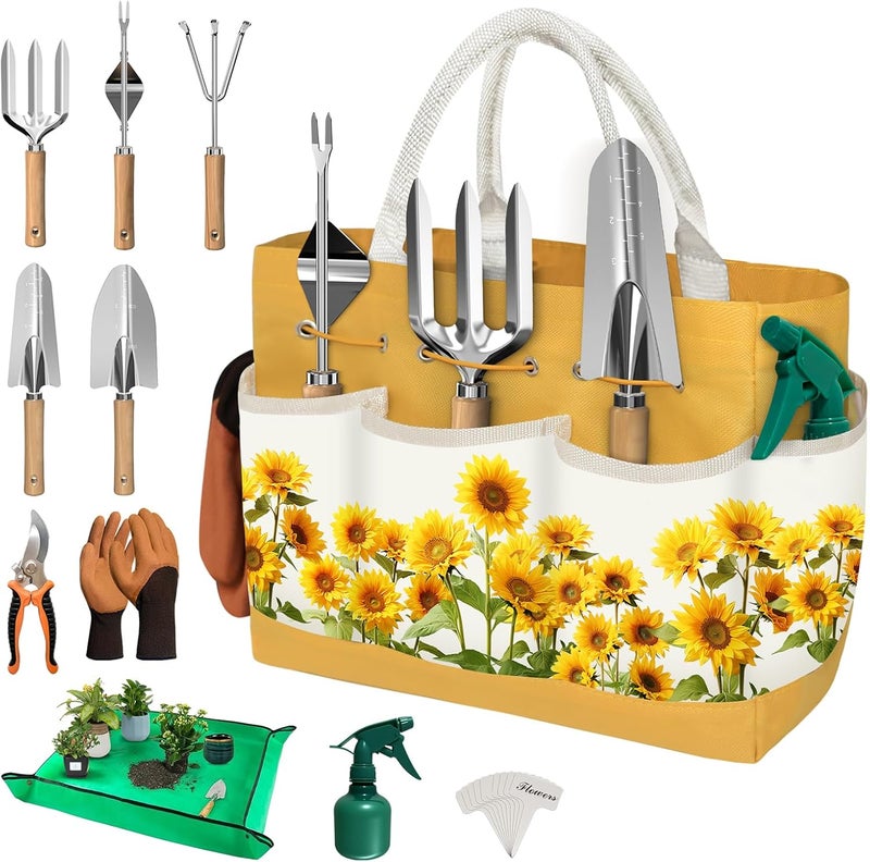 OUREST 22Pcs Gardening Tools Set for Women Heavy Duty Garden Hand Tool Kit Gifts for Mom Beginner Gardener Gardening Accessories with SunflowerTote Bag/Shovel/RepottingMat/Plant Labels/Gloves-Yellow - Image 1